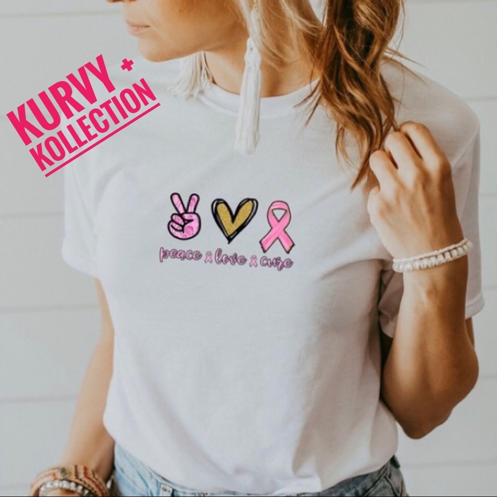 Breast Cancer Pink Ribbon Peace Love Cure Premium Graphic Tee Sublimation Ink - Picture 3 of 8
